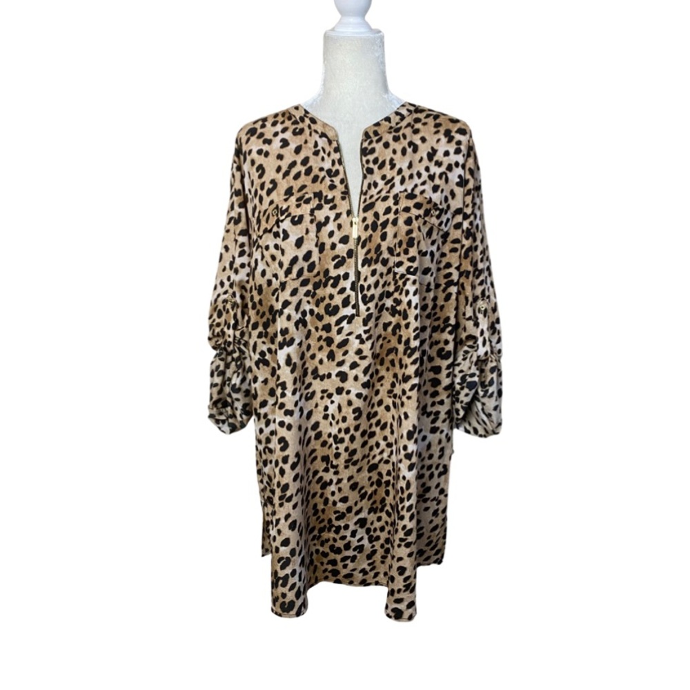 Calvin Klein Tan & Black Leopard Print Roll Tab Chiffon Tunic Blouse